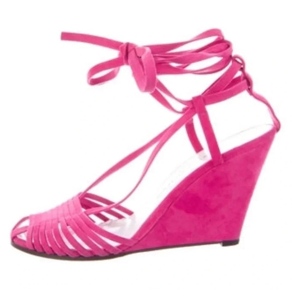 Robert Clergerie Pink Suede Wrap Up Gladiator Lace Wedges - Picture 2 of 6